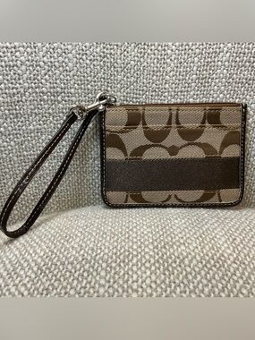 Coach Signature Stripe ID Skinny Wristlet in Khaki & Mahogany